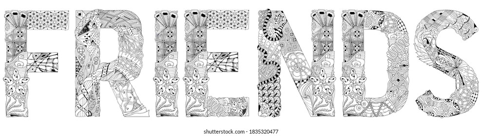 Word FRIENDS. Vector decorative zentangle object for coloring