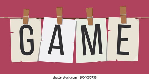Word "Game" attached to the rope with hairpins