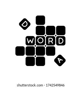 Word game black glyph icon. Traditional family entertainment, friendly party amusement silhouette symbol on white space. Intellectual activity. Blocks with letters vector isolated illustration