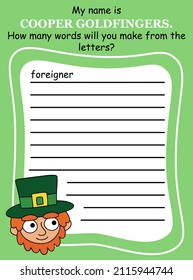 Word game with a cartoon hand-drawn leprechaun for kids vector illustration