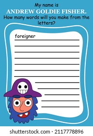 Word game with cartoon hand-drawn pirate captain printable worksheet vector illustration