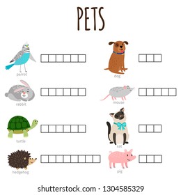 Word game for kids how named animal vector illustration with cartoon character pets. Game puzzle word, brainteaser solution illustration