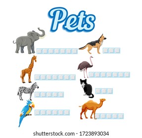 Word game for kids how named animals. Crossword puzzle game with animals names for elementary school. Education material for lesson in kindergarten vector illustration. Practice english language.
