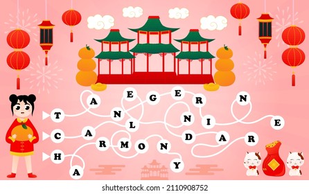 Word game for kids with lunar new year concept with cute girl and lucky cat on pink background in cartoon style, printable worksheet, find way puzzle
