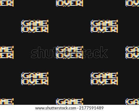 Word game over cartoon character seamless pattern on black background. Pixel style