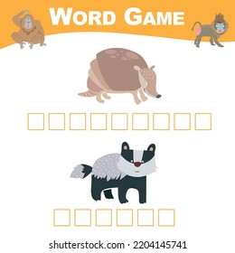 Hoja de juego de Word. Complete las palabras. Hoja de trabajo Nombres de temas de animales. Actividad educativa para niños de preescolar. Ilustración vectorial.