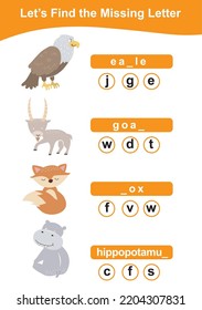 Word game sheet. Complete the words. Animals Theme Names Worksheet. Educational activity for preschool kids. Vector illustration.