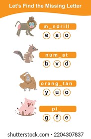 Hoja de juego de Word. Complete las palabras. Hoja de trabajo Nombres de temas de animales. Actividad educativa para niños de preescolar. Ilustración vectorial.