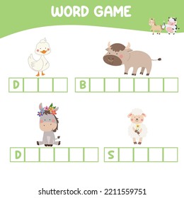 Word game worksheet. Complete animals name worksheet. Educational spelling printable game worksheet. Writing practice. Vector file.