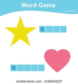 Word game worksheet. Complete geometric worksheet. Preschool worksheet. Educational spelling printable game worksheet. Vector illustration.