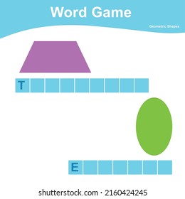 Hoja de cálculo del juego de Word. Hoja de cálculo geométrica completa. Hoja de cálculo preescolar. Hoja de trabajo del juego que se puede imprimir ortografía educativa. Ilustración vectorial.