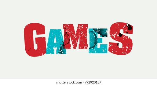 The word GAMES concept printed in letterpress hand stamped colorful grunge paint and ink. Vector EPS 10 available.