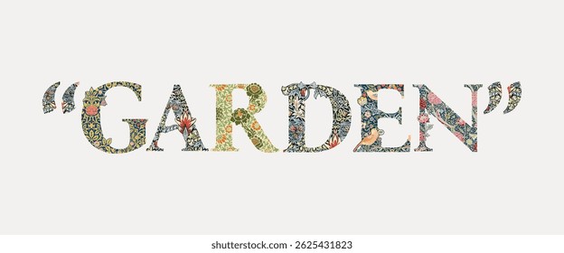 The word 'GARDEN' in floral pattern. Garden theme with floral design. Colorful floral letters spell 'GARDEN'. Decorative garden text with flowers. Typography design vector.