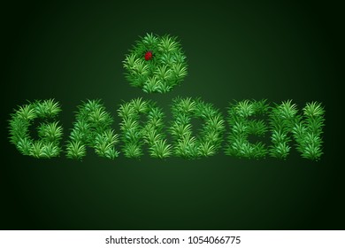 The word garden is written with a texture of grass with a ladybug on the background. Beautiful banner. Vector illustration