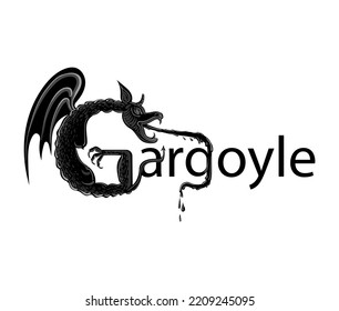 Word "Gargoyle." The letter G is drawn as a gargoyle with water pouring out of its mouth. The illustration is in black and gray. Stock vector illustration isolated on white background.