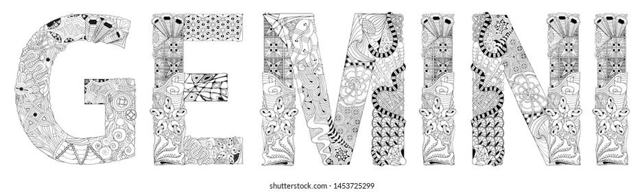 Word GEMINI. Vector zentangle object for decoration