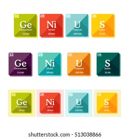 Word Genius formed of the elements of periodic table. Typography of chemical elements concept. Vector illustration in flat style, isolated on white background.