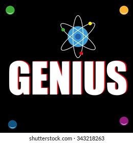 The word Genius in white and red text on a black wall poster with an atomic energy or physics symbol added above one of the letters