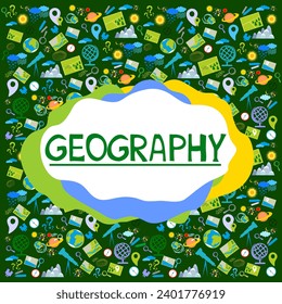 Geografía de Word.  Concepto de educación. De vuelta a la escuela. Dejando. Conjunto de símbolos geográficos. Ilustración de dibujos animados para el diseño de asignaturas escolares. Enseñanza en línea para alumnos y estudiantes. Vector