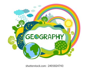 Word Geography.  Education concept. Back to school background. Lettering. Set of geography symbols. Cartoon illustration for school subject design. Online lesson for pupils and students. Vector