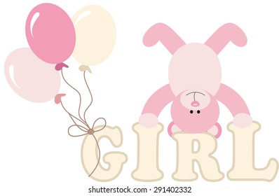 Word girl with baby teddy bear and balloons