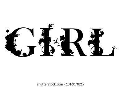 Word Girl with flourish pattern. Floral decor. Template for cutting and wood carving. Laser cut. Paper cut. Flower capital letter. Vector illustration.