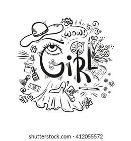 Word Girl - handwritten lettering. Calligraphy with female sketch. 