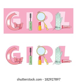 The word girl spelled out with accessories and cosmetics. Vector illustration saved 8 EPS.