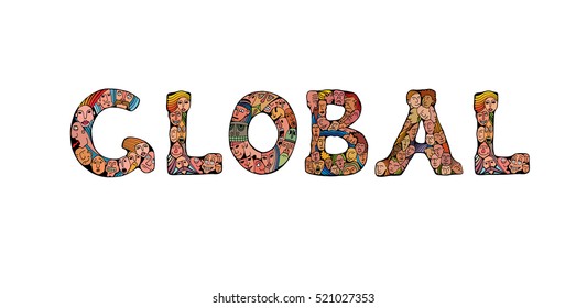 The word "Global" written in isolated hand drawn letters type on a white background. People crowd alphabet vector font. Vector illustration in cartoon style