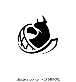 Word Globe and Bulls. Global Beef, Cow Meat trade sign. Bio and natural meal. Import and Export of Farm products. Branding Identity Corporate vector logo design template Isolated on a white background