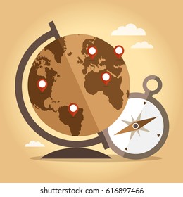 Word globe with pointers and compass on vintage background. Travel concept. Vector illustration