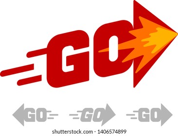 Word Go with arrow. Red vector lettering on white background. RGB. Global colors