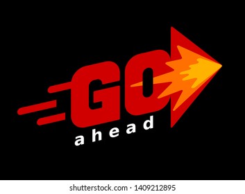 Word Go with arrow. Red vector lettering on white background. RGB. Global colors