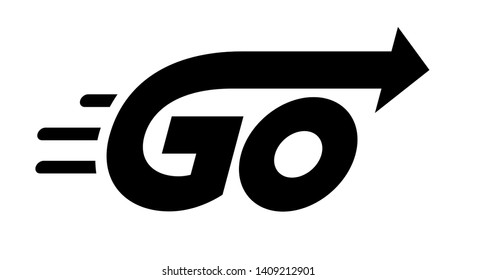 Word Go with arrow. Red vector lettering on white background. RGB. Global colors