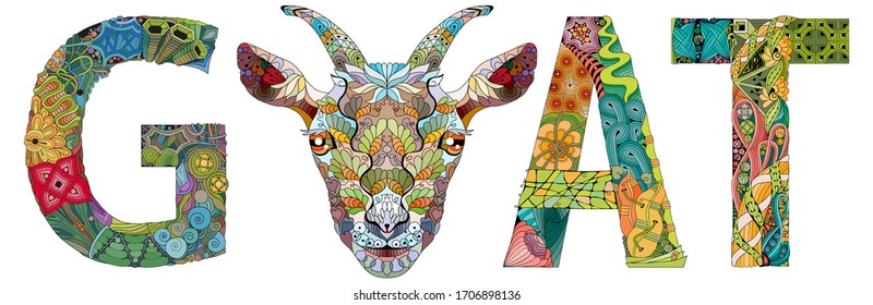 Palabra GOAT con la cabeza de un animal. Objeto vectorial zentangle para decoración
