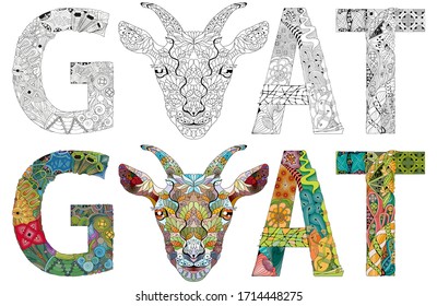 Word GOAT with the head of an animal. Vector zentangle object for decoration. Color and outline set