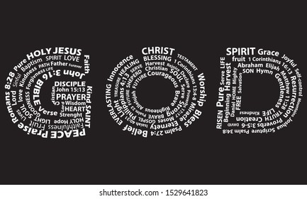 Word God in white written with christian words on black background. Christian background