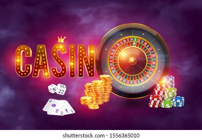 The word gold Casino surrounded by roulette of playing cards, dice, coins and playing chips on a background of smoke. Casino background. Vector illustration realistic concept design for casino