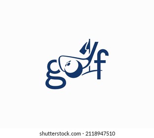 Word golf with Golf ball and stick logo design. Professional golf course with ball and club vector design. Golf club taking a shot and flagstick on grass field logotype