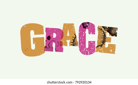 The word GRACE concept printed in letterpress hand stamped colorful grunge paint and ink. Vector EPS 10 available.