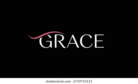 The word GRACE is elegantly displayed in a white serif font on a stark black background. A subtle, soft pink curve arches over the letters, adding a