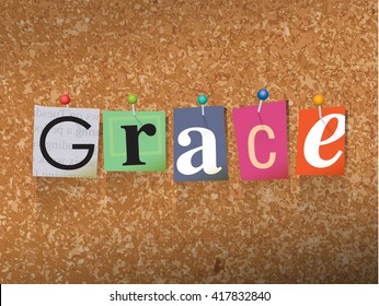 The word "GRACE" written in cut ransom note style paper letters and pinned to a cork bulletin board. Vector EPS 10 illustration available.