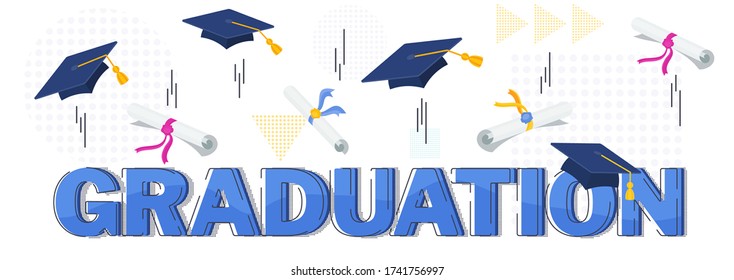 Word graduation concept. Graduation Caps and scrolls Thrown in the Air. Flat vector cartoon design of greeting, banner, invitation card.