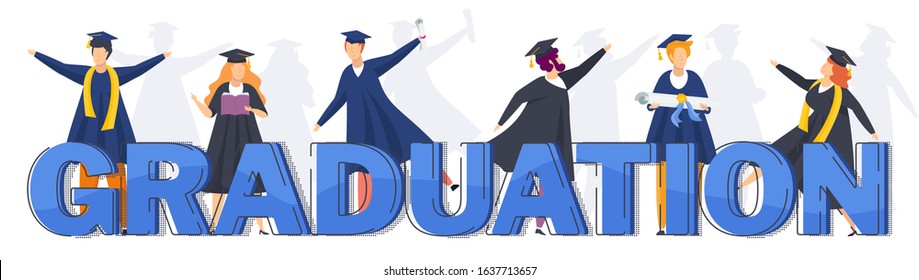 Word graduation halftone word with young students. Typography vector concept. Congratulation graduates 2020 class. Flat cartoon design of greeting, banner, invitation card.