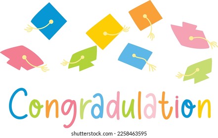 Word graduation lettering vector concept without background. Graduate cap thrown up. Congratulation graduates class of. Flat cartoon design of greeting, web banner, invitation card, prints. shcool
