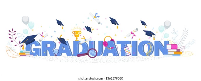 Word graduation typography vector concept on white background. Graduate caps thrown up. Congratulation graduates 2020 class of graduations. Flat cartoon design of greeting, banner, invitation card.