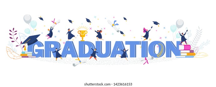 Word graduation typography vector concept on white background. Graduate caps flying up. Congratulation graduates 2020 class of graduations. Flat cartoon design of greeting, banner, invitation card.