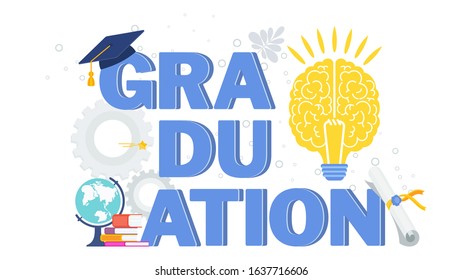 Word graduation typography vector concept on white background. Graduate caps thrown up. Congratulation graduates 2020 class of graduations. Flat cartoon design of greeting, banner, invitation card.