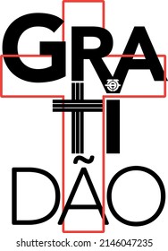 Word Gratitude in black color with an outline of an intertwined cross in red color