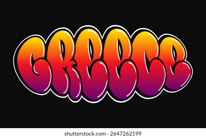 The word Greece is artistically displayed in a vibrant graffiti style against a stark black background.